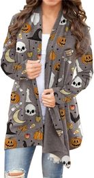 Halloween Cardigan for Women Pumpkin Cat Print Knitting Cardigans Long Sleeve Open Front Sweaters Knitted Outwear Coat