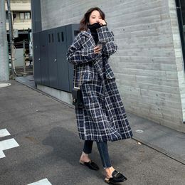 Women's Wool Coat Female Winter Woolen Thicken Tweed Long Style Thick Plaid Retro Stitching Fashion Double-Breasted 2023 Lapel Jacket 5M