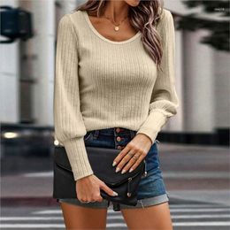 Women's Sweaters Comfortable 2023 Autumn/Winter Pit Striped Brushed Round Neck Slim Fit Lantern U-neck Long Sleeve Casual Top