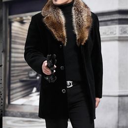 Men's Wool Men Long Woolen Coat Fur Collar Warm Male Plain Slim Casual Winter Windbreaker Jacket Autumn Fashion Top Outwear Plus Size