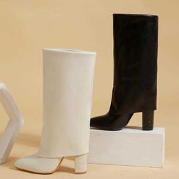 New Chunky Heel Pointed Toe Women Long Knee High Boots Black Winter Shoes Female Chelsea Booties 230922