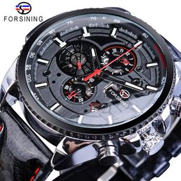 Forsining Watch Men Sport Mechanical Wristwatch Automatic Self-Wind Clock Date 3 Dials Shiny Leather Business Waterproof Relogio304B