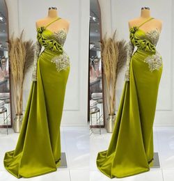Evening Dresses Green Prom Party Gown Formal Mermaid Long Sleeve New Custom Plus Size Zipper Lace Up Applique One-Shoulder Satin Pleat Sequins