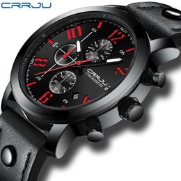 CRRJU Mens Watches Top Brand Luxury Quartz black Watch Men Casual Leather Military Waterproof Sport Wristwatch Relogio Masculino209I