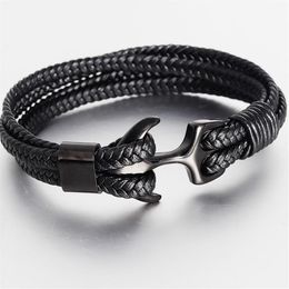 High Quality Men's Titanium Steel Bracelet Black Personality Leather Woven Anchor Rope For Men Gift Charm Bracelets2195