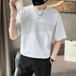 Camisetas masculinas moda moda emendada com manga curta listrada estilo coreano preto branco tops casuais tees cara