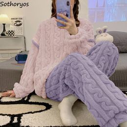 Women's Sleepwear Plus-velvet Pajama Sets Women Warm Winter Loose Leisure Gentle Soft Pulpy Girls Simple All-match Basic Thicken