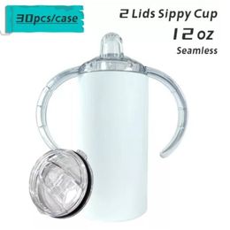 Local Warehouse 12oz Sublimation STRAIGHT sippy cup Subliamtion baby cup kids tumbler Stainless Steel tumbler with handle Sucker 329u