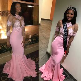 Evening Dresses Pink Prom Party Gown Formal Mermaid New Custom Plus Size Zipper Lace Up Applique Satin Sequins High Neck 3/4 Long Sleeve