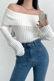 Women's Sweaters Pure Sexy Big Lapel Shoulder Strip Long Sleeve Sweater Loose Skinny Woman Tops Fashion Women K021