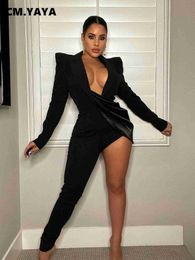Women's Jumpsuits Rompers CM.YAYA Elegant Women Sexy Party One Leg Blazer Style Long Sleeve Jumpsuit 2022 Chic Party Even One Piece Overall Playsuit L230926