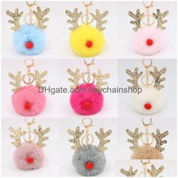 Key Rings Cute Plush Elk Keychains Pompom Pendant Ring Chains Car Keyring Holder Charm Bag Gifts Christmas Ornaments Accessories Drop Dhlw6