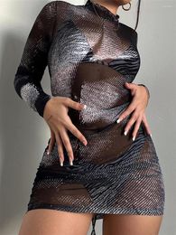 Casual Dresses Wsevypo See-Through Long Sleeve Mesh Sheer Dress Women's Sexy Glitter Print Mock Neck Mini Bodycon Nightclub Party Outfit