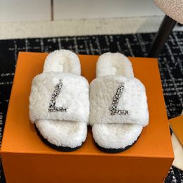 Autumn New Flat Bottom Women Slippers Luxury Designer Classic Rhinestone Double Letter Sandals Imported Lamb Hair Anti slides Slingback LadiesHouse Slipper