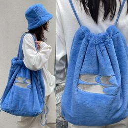 School Bags Blue Plush Backpacks High Capacity Tote Bag For Women Korean Casual Backpack Chic Versatile Shoulder Gym Handbags 230926