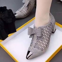 Dress Shoes Hollow Mesh Women's 2023 Summer Fashion Rhinestone Square Heel Pointed Toe Size 43 Zipper Bow Sandals Women Sandalis