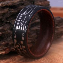 Wedding Rings 8mm Men's Black Circuit Board Tungsten Ring With Whiskey Barrel Wood Sleeve Band Gift For Men