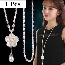 Chains European And American Elegant Ladies Shell Flower Pearl Long Sweater Chain Autumn Winter Wild Inlaid Crystal Necklace