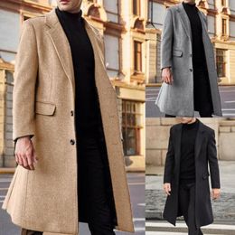 Men's Wool Coat Solid Color Turn-down Collar Leisure Cardigan Jacket For Autumn Winter Long Sleeve Fleece Trench Outerwear