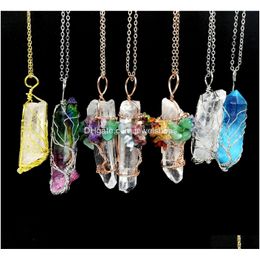 Pendant Necklaces Natural Crystal Gemstone Wire Wrapped Quartz Hexagon Prism Amet Charm With Brass Chain Necklace Drop Delivery Jewelr Dhjkr