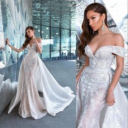 2021 arabo Bling lusso sirena abiti da sposa abiti da sposa spalle scoperte illusione pizzo appliqued paillettes perline overskirts Detac203u