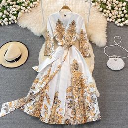 Basic Casual Dresses Summer High-End Women Elegant V-Neck Dress Vintage Printing Designer Lace Up A-Line Dresses Party Robe Vestidos 230926