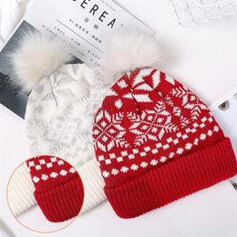 Women Christmas Snowflake Winter Knitted Beanie Hat Cute Fluffy Pompom Stretch Cuffed Skull Cap Holiday Ski Ear Warmer2916