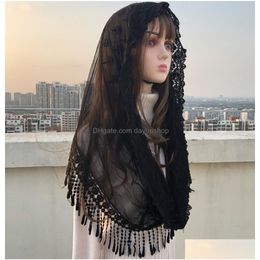 Hijabs Ivory Black Catholic Veil Jerusalem Muslim Elegant Ladies Lace Shawl Scarf Mantillas Church Bridal Cape 230509 Drop Delivery Fa Dhrew