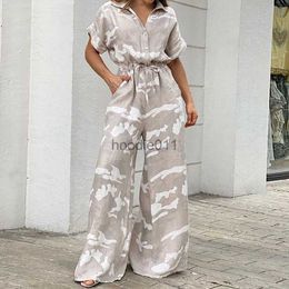 Women's Jumpsuits Rompers Summer Women Camouflage Print Playsuit Fashion Ladies Wide Leg Romper Overalls Casual Waisted Drawstring Lace-up Shirt Jumpsuits L230926