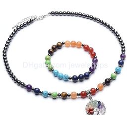 Bracelet Necklace Seven Chakra Hematite Jewelry Set Healing Stone Stretch Beaded Chip Charm With Lobster Clasp For Girls And Drop Deli Dhyrd