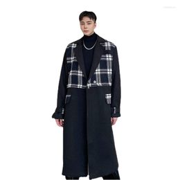 Men's Wool Autumn Winter Coat Men Detachable Hem Trench Korean Streetwear Chic Vintage Plaid Splice Black Woollen Jacket Outerwear