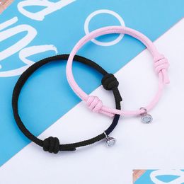 Charm Bracelets 2Pcs / Set Magnet Attracts Couple Bracelet Jewellery Adjustable Elastic Rope Lover Gift For Women Men Drop Delivery Dhx3K