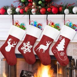 Christmas Stockings Ornament Red White Decoration Home Merry Fireplace Hanging Velvet Candy Bag For Family Decorations Xmas Tree Holiday Party Gift