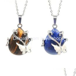 Pendant Necklaces Teardrop Stone Enamel Butterfly Beetle Shape Amethyst Tiger Eye Quartz Gems Charm With Brass Chain Necklace Gift For Dhida