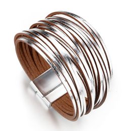 Bangle ALLYES Simple Gold Silver Color Leather Bracelets For Women Fashion 2023 Boho Multilayer Strips Wide Wrap Bracelet Jewelry 230926