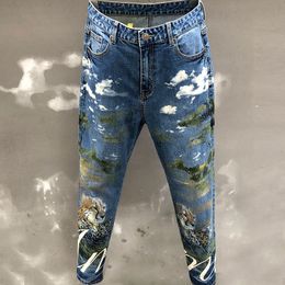 Mens Jeans Fall Print Leggings Slim Fit Fashion Korean High Quality Trend Printed Pants Erkek Jean Pantolon 230925