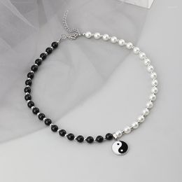 Choker Yin Yang Tai Chi Pendant Pearl Beads Necklace Punk Chain Unisex 2023Trend Couple Men's Jewellery Wholesale