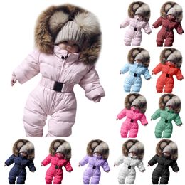 Infant Baby Winter Warm Coat Cotton Boys Girls Belt Waist Bodysuit Solid Romper Hooded Jumpsuit Outfit Winter Snowsuit