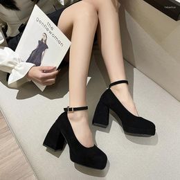 Dress Shoes 2023 Women Pumps Vintage Velvet Leather High Heels Square Buckle Mary Jane Banquet Lolita