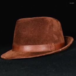 Berets Genuine Leather Gentleman Top Hat For Men Britain Winter Nubuck Suede Wheat Ear Letters Printed Retro Dad Jazz Caps Fedora