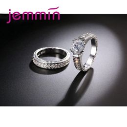 2pcs lot Female Crystal White Round Ring Set Luxury 925 Silver Engagement Ring For Women Ladies Lover Party Wedding246n