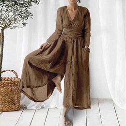 Women's Jumpsuits Rompers Vintage Solid Pockets Women Playsuits Fashion Ladies Casual Loose Wide-Leg Pants Overalls Women V-Neck Long Sleeve Jumpsuits L230926