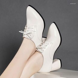 Dress Shoes 2023 Square Heel Women Lace Up Oxford Heels Pointed Toe Ladies Wedding Party Pumps