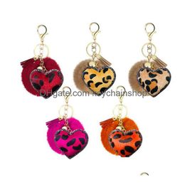 Keychains Lanyards Creative Tassel Heart Pompom Keychain Small Gift Rhinestone Leopard Print Flannel Unique Pu Leather Love Style Imit Dhihs