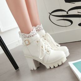 Boots Chelsea boots Patchwork Hollow Lace Women Lolita Shoes Platform Chunky High Heel Lace Up Bow Ankle Boots Sweet Party 230925