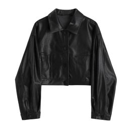 Womens Leather Faux Women Crop Tops Imitation Jacket Solid Colour Black Long Sleeve Button Open Front Lapel Coat with Pockets Streetwear 230925