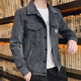 Solid Single-breasted Corduroy Jackets Coats 2023 Korean Fashion Slim Lapel Jackets Street Style Men Coats