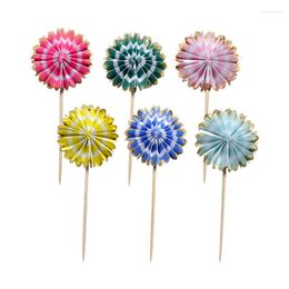 Festive Supplies 6pcs Disposable Colourful Sunflower Paper Fans Picks Birthday Wedding Party Sticks Art Toothpicks Cupcake Cake Toppers