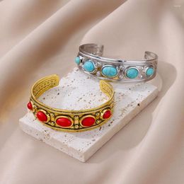 Bangle 316L Stainless Steel Red Stone For Women Retro Gold Colour Punk Blue Bracelets Christmas Jewellery Gift Drop