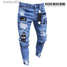 Men's Jeans 2023 White Embroidery Skinny Ripped Jeans Men Cotton Stretchy Slim Fit Hip Hop Denim Pants Casual Jeans for Men Jogging Trousers L230926